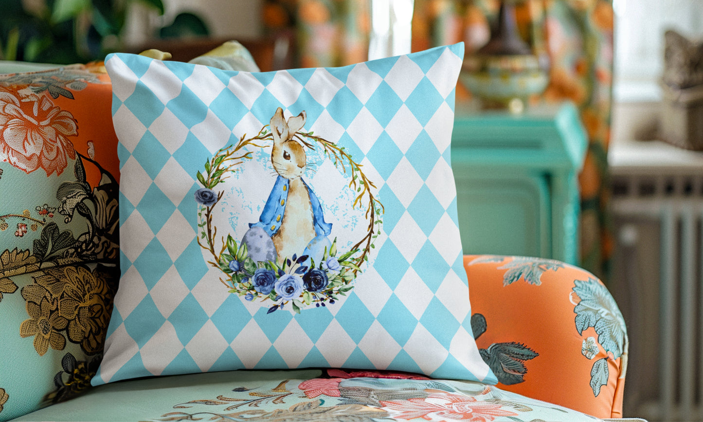 Elly Prints Easter Cushion Cover Set of 2 – 16x16 Inch Easter Bunny Baby Blue Printed Throw Pillow Covers for Sofa, Living Room & Home Décor