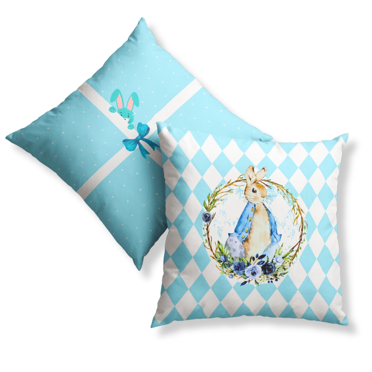 Elly Prints Easter Cushion Cover Set of 2 – 16x16 Inch Easter Bunny Baby Blue Printed Throw Pillow Covers for Sofa, Living Room & Home Décor