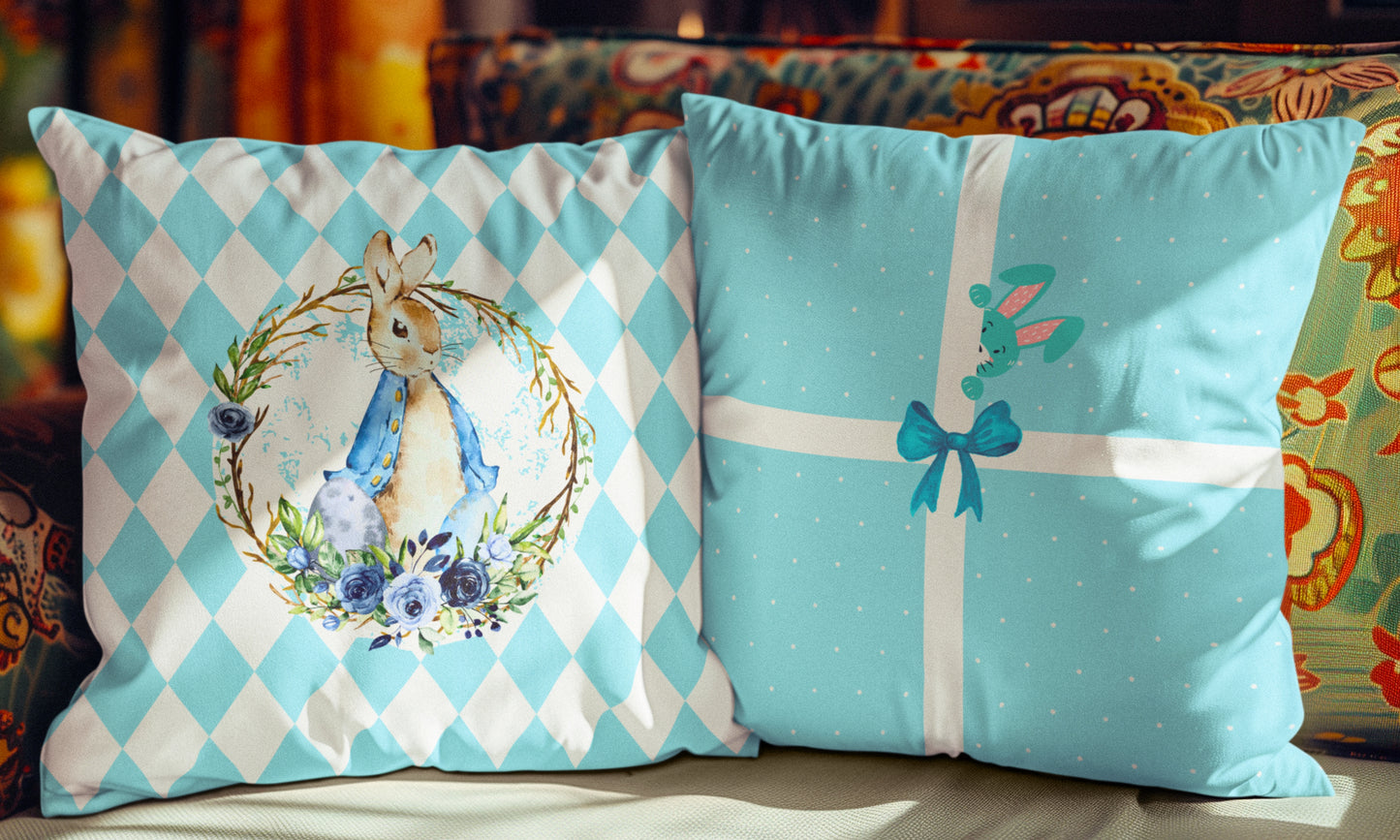 Elly Prints Easter Cushion Cover Set of 2 – 16x16 Inch Easter Bunny Baby Blue Printed Throw Pillow Covers for Sofa, Living Room & Home Décor