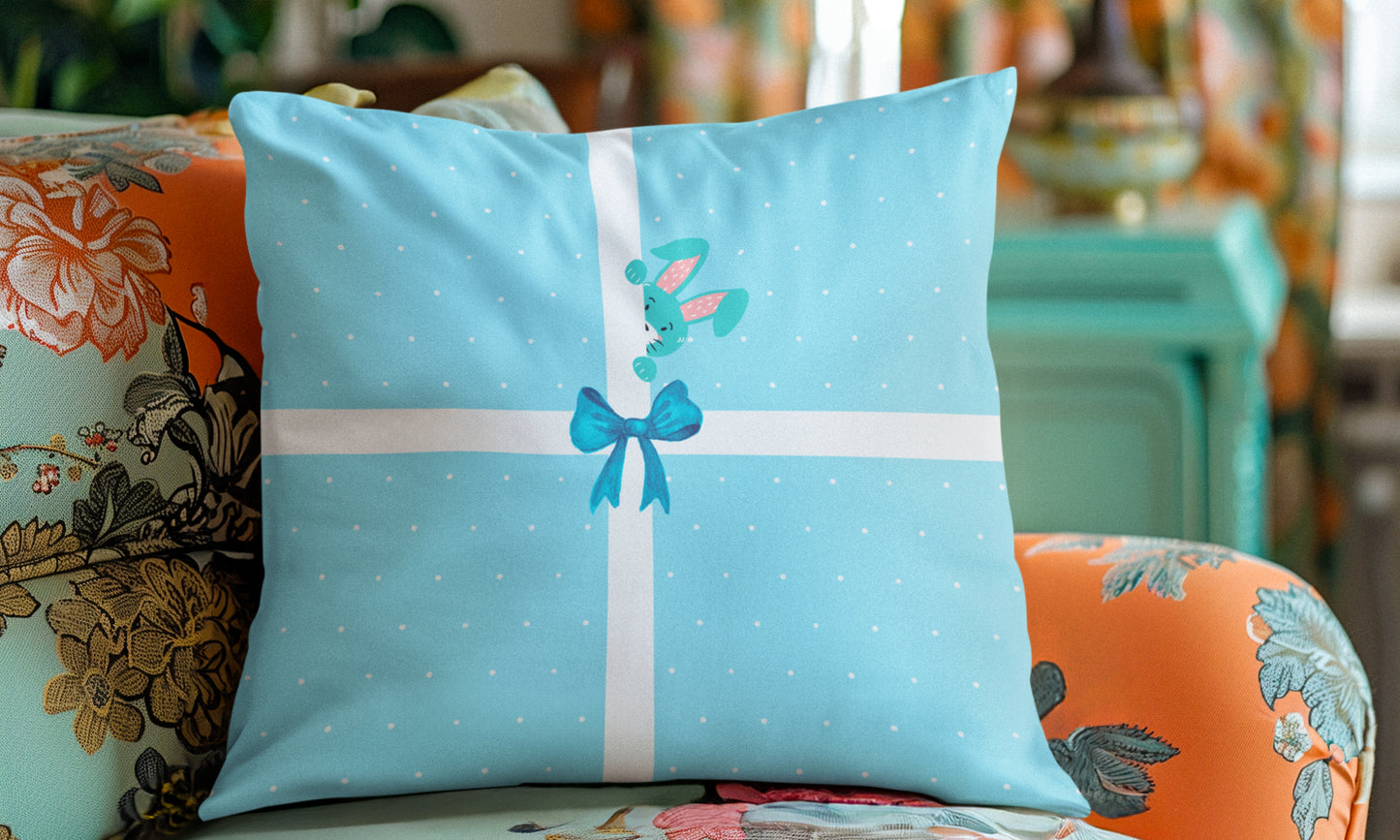 Elly Prints Easter Cushion Cover Set of 2 – 16x16 Inch Easter Bunny Baby Blue Printed Throw Pillow Covers for Sofa, Living Room & Home Décor