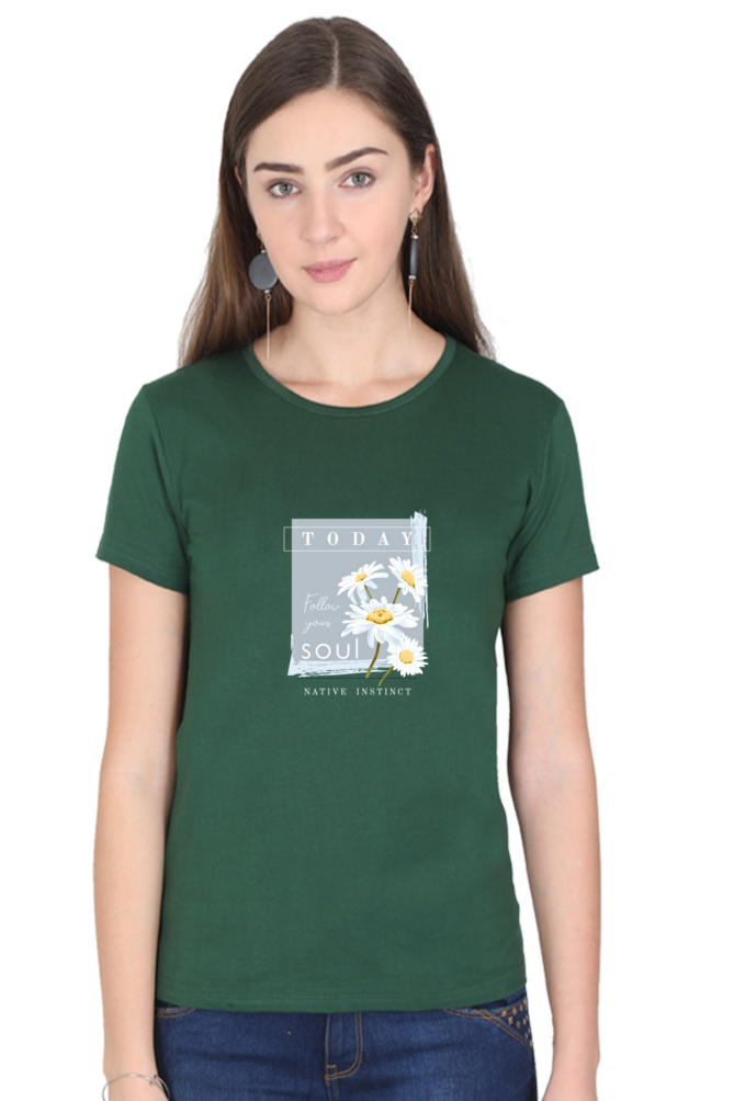 Women's Premium 100% Cotton T-Shirt - Classic Regular Fit | Simple Bottle Green Color | Round Neck | Half Sleeve